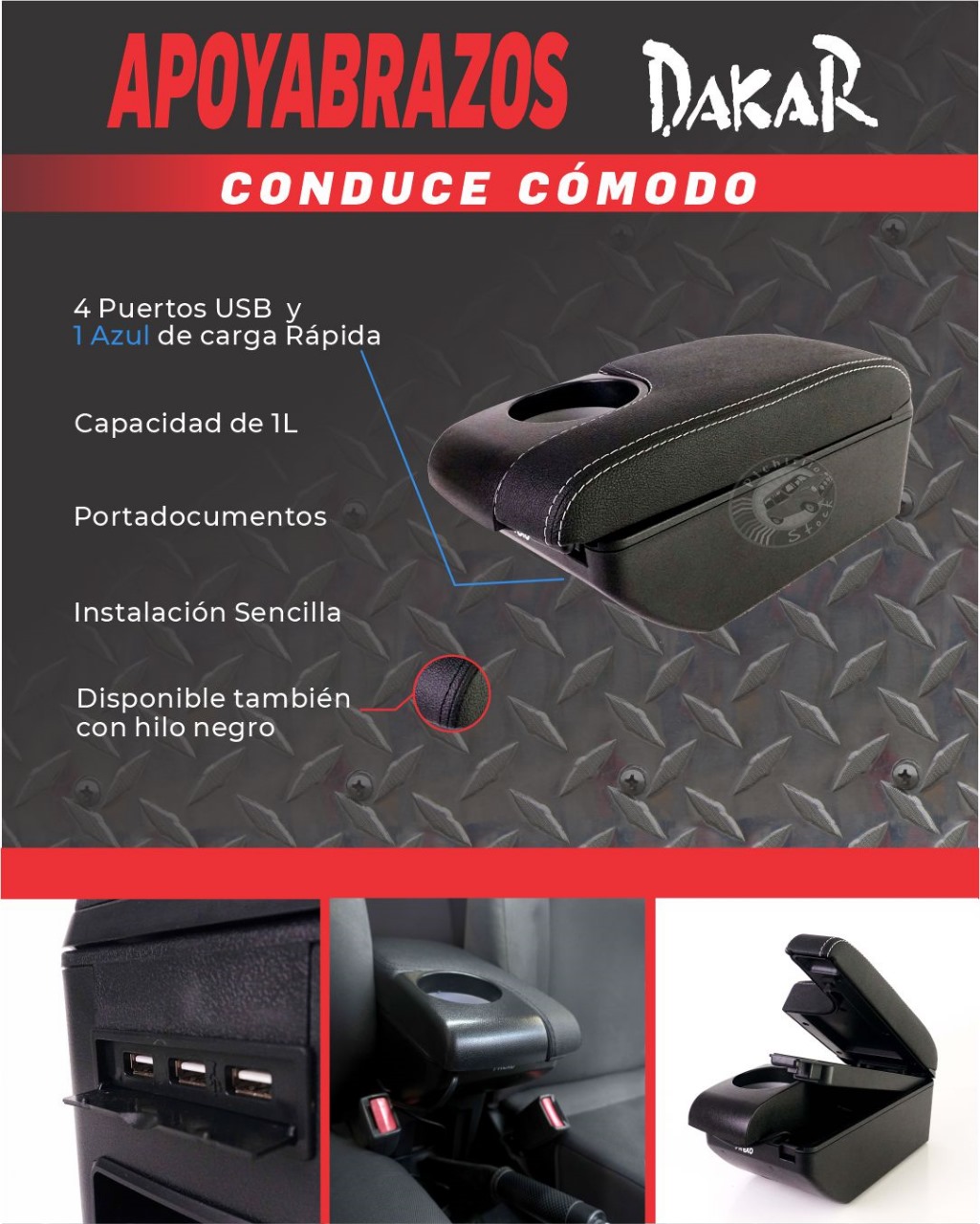 Apoyabrazos Dakar para todo tipo de autos, diseño ergonómico, portavaso integrado para mayor comodidad.