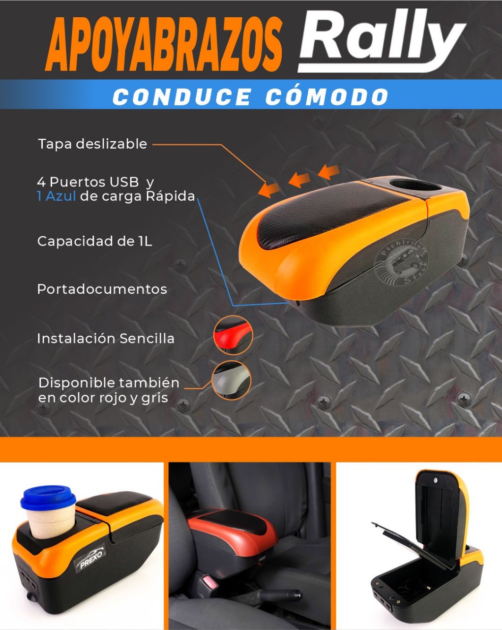  Apoyabrazos Rally para vehículos con diseño ergonómico y estilo deportivo, acabados en fibra de carbono. 