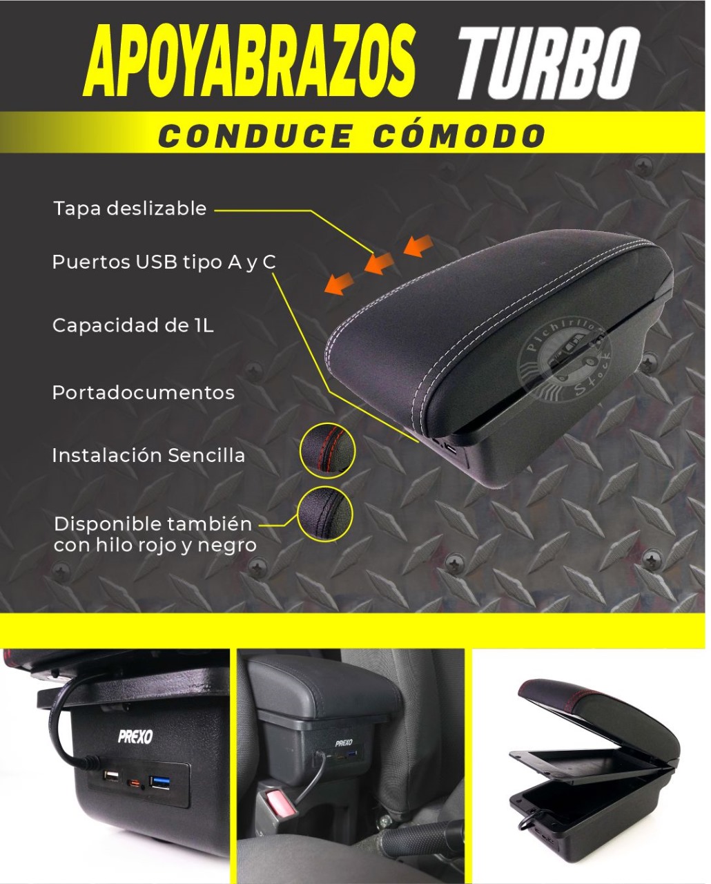 Apoyabrazos Turbo para carro con puertos USB integrados, diseñado para mayor confort y funcionalidad, instalado entre los asientos delanteros.